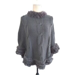 Armani Jeans Gray Cable Knit Rabbit Fur Trim Poncho Cape Size S